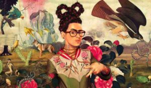 Портрет Фріди Кало із зосередженими рисами обличчя, кольорові акценти і квітковий вінок у волоссі — сила через втрату і страждання