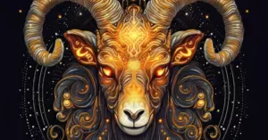 Абстрактна астрологічна композиція зі знаком зодіаку, символічними зображеннями зірок і космосу.