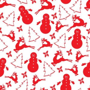 Різдвяний принт із білими іконками на червоному фоні: ялинки, сніжинки, дзвоники та подарунки у святковому безшовному візерунку.