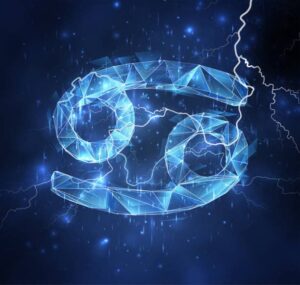 Рак зодіаку намальований у м’яких пастельних кольорах на хвилястому абстрактному фоні — емоційність і спокій.