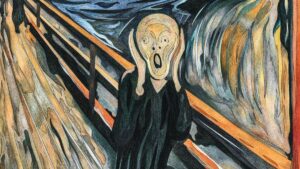 Експресіоністична картина Едварда Мунка «Крик» — самотня людина на мосту на фоні похмурого неба, символ внутрішнього страху