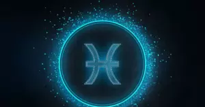 Символ Риб на фоні небесно-блакитного веселкового освітлення — ілюстрація астрологічного знаку Риби.