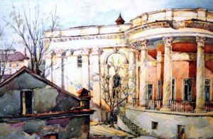 Історичний живопис: вид на Одесу у 1945 році – архітектура, набережна, атмосферні хмари, передача часу та настрою міста.