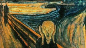 Картина «Крик» Едварда Мунка у темних тонах — фігура на мосту серед природи, вираз тривоги та самотності