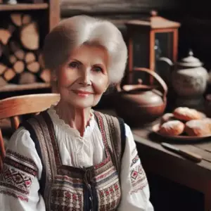 Усміхнена бабуся з букетом і тортом у свій день народження