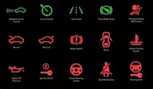 Панель приладів автомобіля з різними індикаторами, які світяться — приклад повідомлень про стан авто