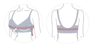 Людина з сантиметровою стрічкою, яка вимірює груди, показуючи правильний спосіб визначення розміру бюстгальтера