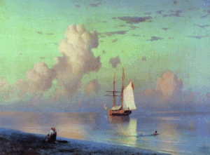 Приклад пейзажного живопису — художник зображує природу з горами, річкою та деревами, що демонструє гармонію кольорів і глибину простору у мистецтві.